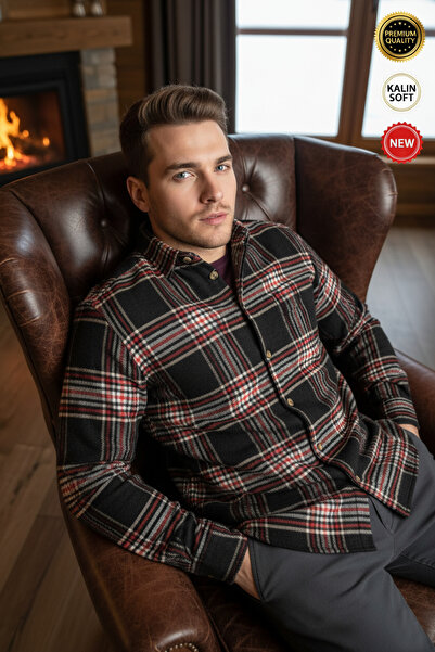 Teenage Millionaire Men's Black White Red 2-Line Plaid Lumberjack Thick Soft ...