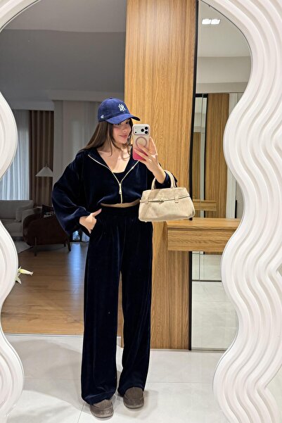 Gizem Ecemiş Jovie Lacivert Kadife Üçlü Takım