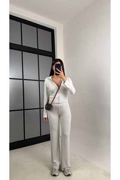 Gaus Gri Ribanalı Hırka Beli Lastikli Eşofman Yumuşak Dokulu İkili Takım GAUS...