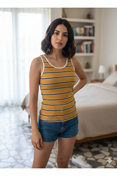 Stor Kadın Çizgili Kaşkorse Atlet - Fitilli Esnek Basic Body