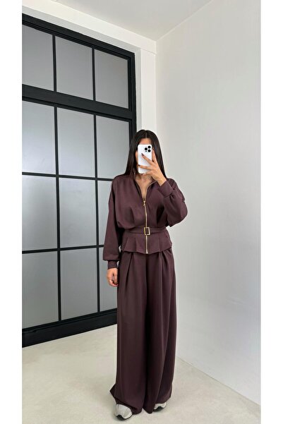 Gaus Acı Kahve Kemer Detaylı Hırka Beli Lastikli Geniş Paça Pantolon Modal Ta...