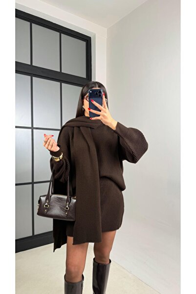 Gaus Acı Kahve Atkı Detaylı Kazak Beli Lastikli Etek Örgü Triko Takım GAUS-00948