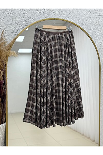 MİHRA STORE Selvi Elastic Waist Flared Plaid Skirt-Fa1041 Brown