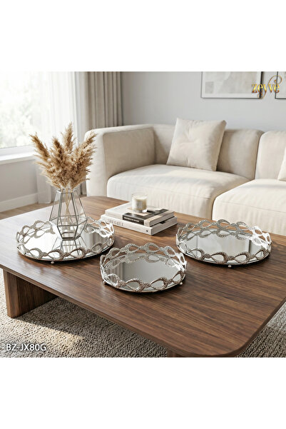 Hinora Metal Hasır Desen Aynalı 3Lü Yuvarlak Tepsi Seti Dekor Orta Masa Tepsi...