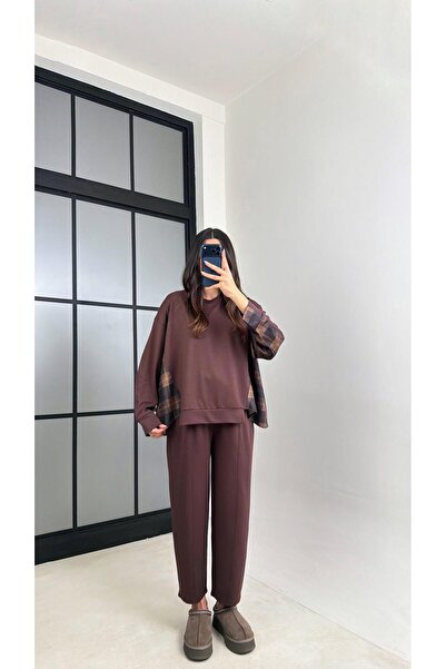 Gaus Kahve Ekose Detaylı Kazak Beli Lastikli Pantolon İkili Takım GAUS-00890