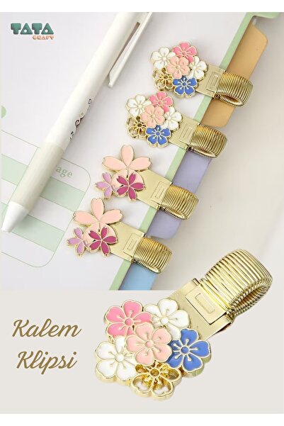 TATA CRAFT Ajanda Defter Kalem Klipsi Çiçekli Metal Altın Renk Japon Tarz Kır...