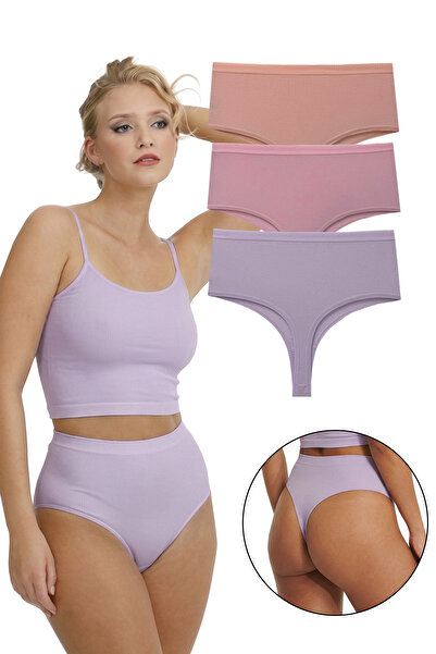 Sensu Women's High Waist Thong Corded Fabric Panties Pack of 3 Pink