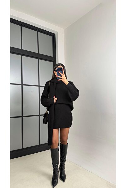 Gaus Pulover negru cu detalii tip eșarfă, fustă cu talie elastică, set de tri...