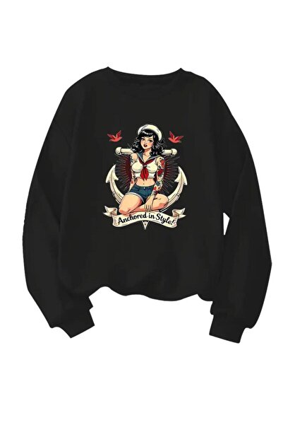 Oceanwear سترة نسائية من Pop Art Sailor مطبوع برقبة دائرية مبطن بالصوف
