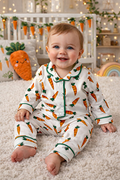 AKİ MODA KİDS Unısex Havuç Desenli Pamuklu Bebek Pijama Takımı – Unisex, Uzun...