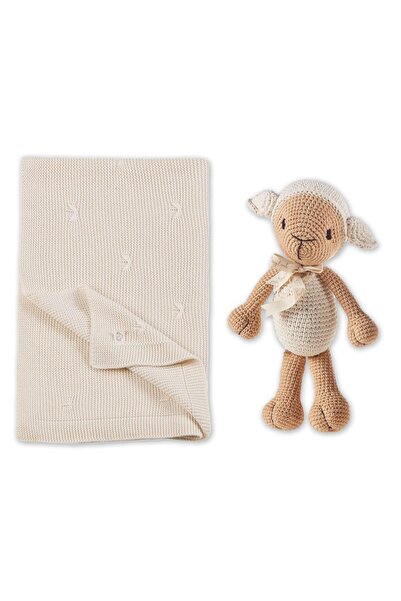 tinylamb بطانية تريكو بلون كريمي ورفيق للنوم - قطعتان