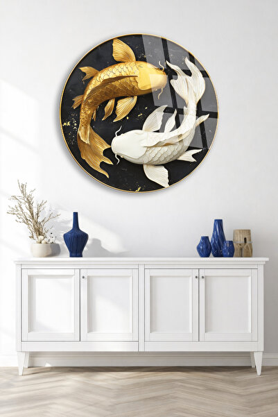 TAULART Gold and White Koi Fish Glass Painting – Yin Yang Balance & Abundance...