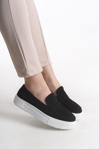 DELSOLERA Women's Black Genuine Suede Leather White Sole Detailed Flat Casual...