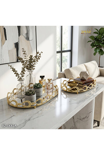 Hinora Metal Hasır Desen Aynalı 2Li Oval Tepsi Seti Dekor Orta Masa Tepsisi 2...