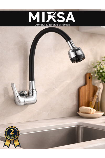 MİXSA Duvardan Tek Su Çıkışlı Pipo Siyah Oynar Lavabo-Eviye Bataryası Çeşmesi...