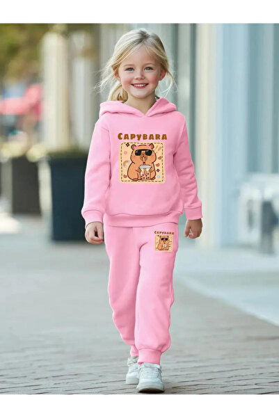 Machetta Children's Pink Capybara Printed Hooded Sweatshirt- Tracksuit Set
