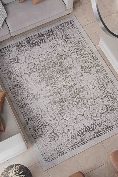 Serente Home Retro Desenli Makine Halısı Yıkanabilir Kaymaz Taban Gri Şönil S...