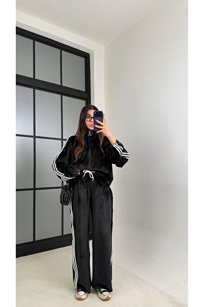 Gaus Siyah Şerit Detaylı Hırka Beli Lastikli Pantolon Premium Kadife Takım GA...