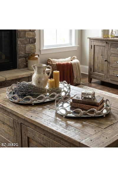 Hinora Metal Hasır Desen Aynalı 2Li Oval Tepsi Seti Dekor Orta Masa Tepsisi 2...