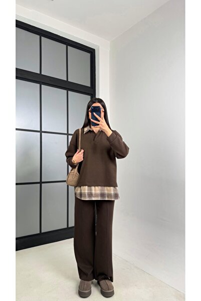 Gaus Acı Kahve Gömlek Taş Detaylı Kazak Beli Lastikli Pantolon Örme Takım GAU...