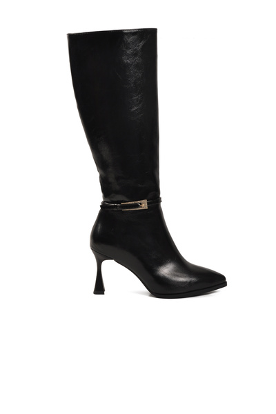 AYAKMOD Black Fur Lined Zippered Women's Thin Heeled Boots 9652013 Z