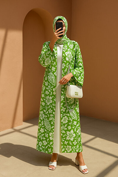 MayaCloset Floral Print Green Abaya & Kimono With Inner & Sheila