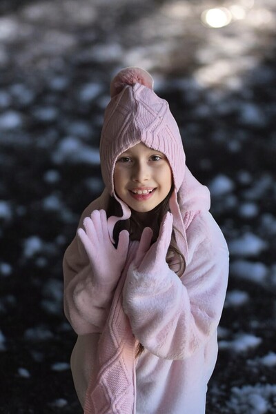 QUB CLUB Set de 3 piese pentru fete, cu eșarfă, pălărie și mănuși, roz perlat