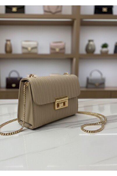 ÇANTA Bej Çizgili Desenli Gold Zincir Askılı Portföy Omuz Ve El Çantası E19B13