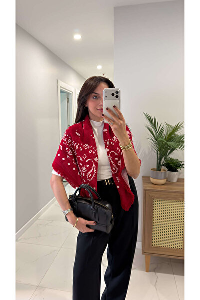 BİRCANÇİL Jessie Red Cream Patterned Shawl Knitwear