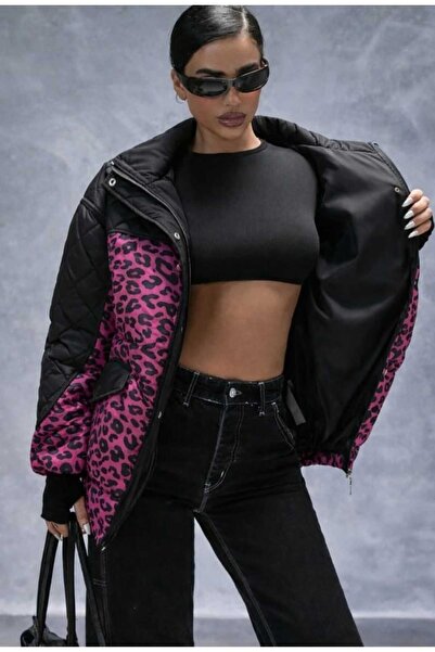 BORCKA TEKSTİL Palton matlasat pentru femei cu imprimeu leopard negru