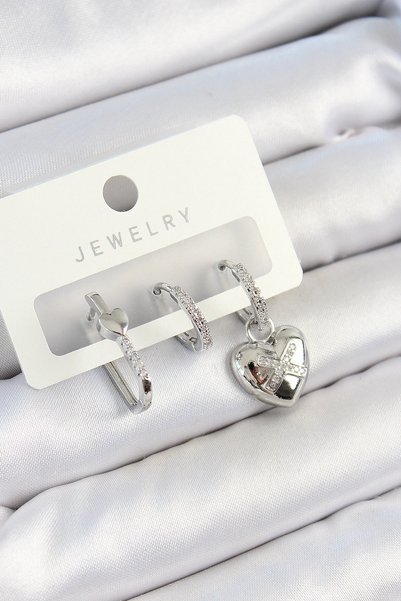 shopwave Brass Zircon Stone Model Silver Rk 3-Piece Double Women's Earring Set