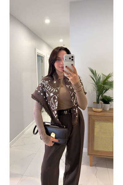 BİRCANÇİL Jessie Brown Beige Patterned Shawl Knitwear
