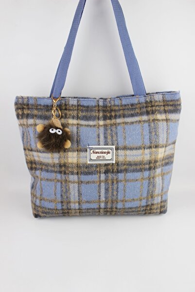İLKYAZ Plaid Patterned Blue Felt Zipper Closure Large Size Handbag 33X32X8 cm...