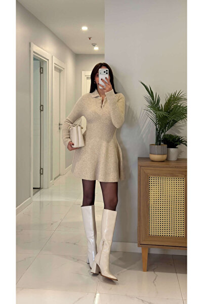 BİRCANÇİL Dlvin Voss Светлобежова меланжирана рокля с поло яка