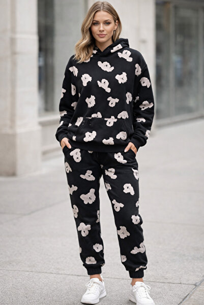 metsawear Patterned Black Hooded Sweatshirt and Sweatpants Set 3 Thread Raised