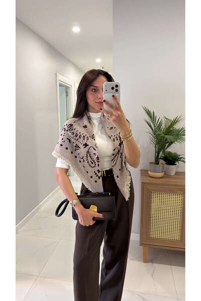 BİRCANÇİL Jessie Beige Burgundy Patterned Shawl Knitwear