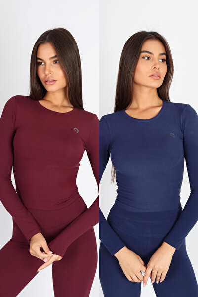 Softandbasic Women's Long Sleeve Printed Crew Neck Burgundy-Navy Blue Bodysuit