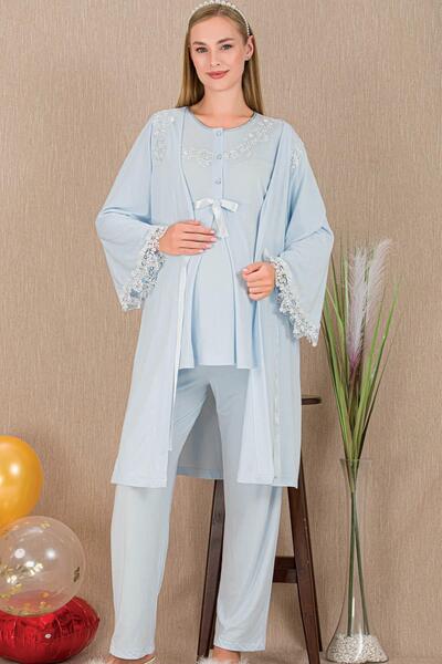 REN Women's Guipure Detail 3-Piece Maternity Pajama Set, Maternity Dressing G...