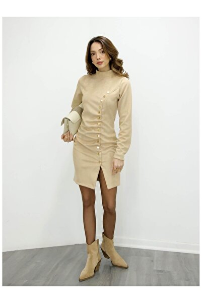 Coral 7675 Velcro Fastener Velvet Dress Beige