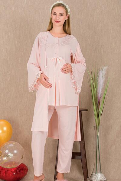 REN Women's Guipure Detail 3-Piece Maternity Pajama Set, Maternity Dressing G...