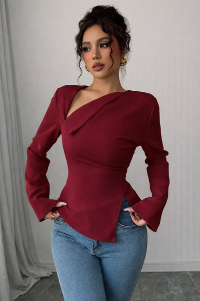 Deafox Burgundy Asymmetric Neck Detail Back Drawstring Long Sleeve Crepe Fabr...