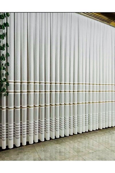 Belvedere Kırışmayan Bantlı Tül - Ekru zemin 3 çeşit renk