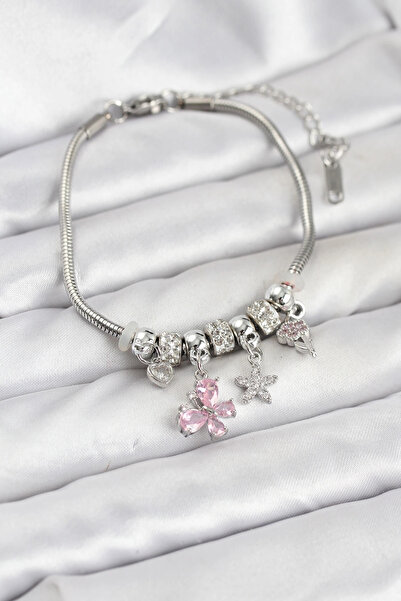 shopwave Pirinç Gümüş Renk Pembe Kelebek Charmlı Kadın Bileklik