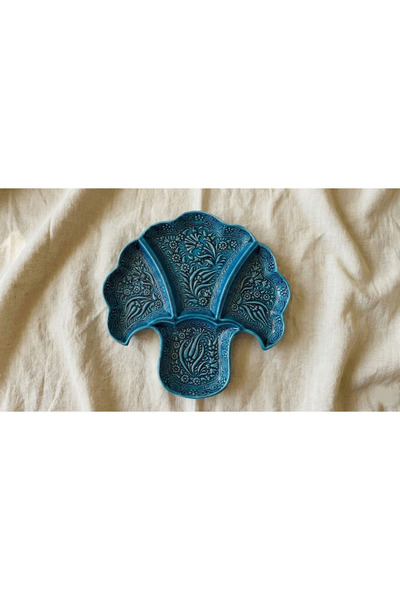 Zera Dizayn Zera Premium Turkuaz Kabartmalı Yelpaze Form 4 Bölmeli Meze & Çer...