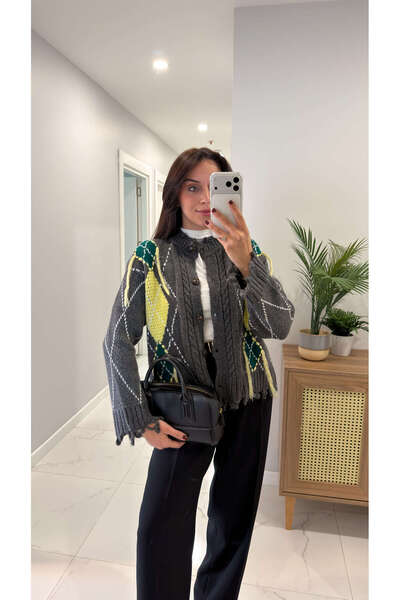 BİRCANÇİL Motra Anthracite-Nefti Baklava Pattern Fringed Cardigan