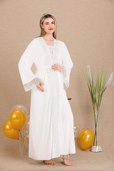 REN Women's Lace Detailed 3-Piece Maternity Pajama Set, Maternity Long Robe a...