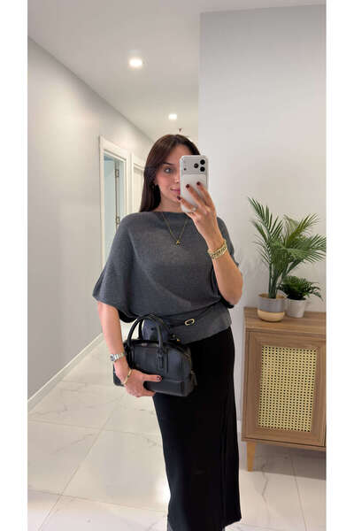 BİRCANÇİL Dlvin Mutra Smoked Melange Boat Neck Batwing Sleeve Belted Knitwear