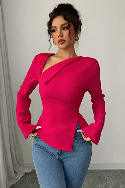 Deafox Fuchsia Asymmetrical Neck Detail Back Drawstring Long Sleeve Crepe Fab...