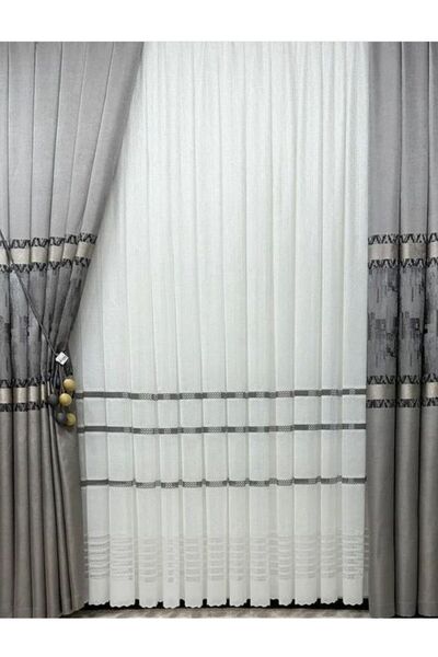 Belvedere Kırışmayan Bantlı Tül - Ekru zemin 3 çeşit renk
