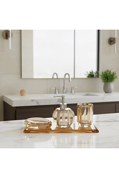 Hinora Kristal Model Tepsili Banyo Seti 4 Parça (Diş Fırçalık-Yuvarlak Sıvı S...